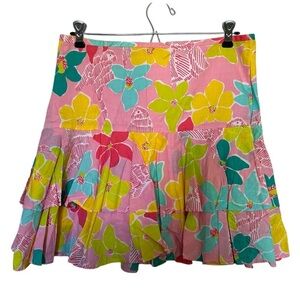 Lily Pulitzer Vintage Bevin Tiered Skirt in Parrot Pink Flowered